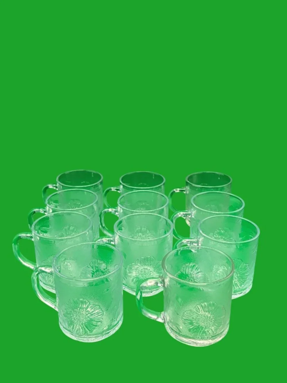 KIG Indonesia Clear Glass Hibiscus & Tropical Leaf Mugs | Vtg Press Glass Set\11